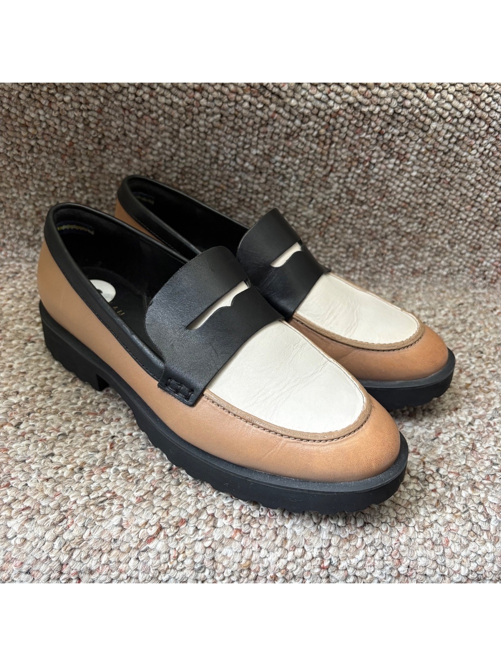 Cole Haan Women's Leather Penny Grand 360 Loafers Size 6 Tan Black White Heel